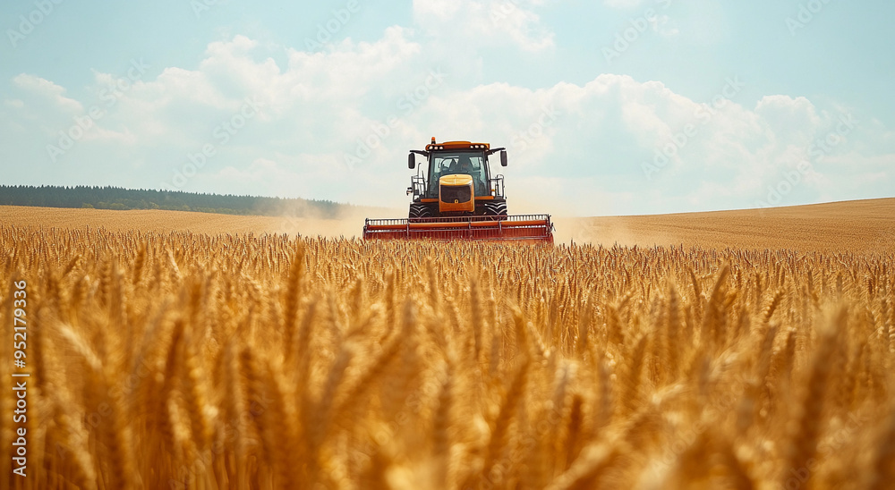 Fototapeta premium harvest wheat. combine harvester working on ripe wheat field, moisson, Ripe ears of gold field on the sunset, Agriculture, wheat crop 