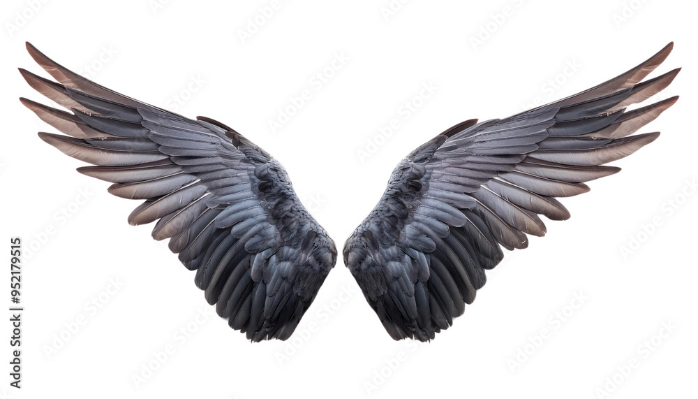 High-resolution image of beautiful, dark, angelic wings with intricate feather details, isolated on a white background. High-resolution image of beautiful, dark, angelic wings with intricate feather details, isolated on a white background.