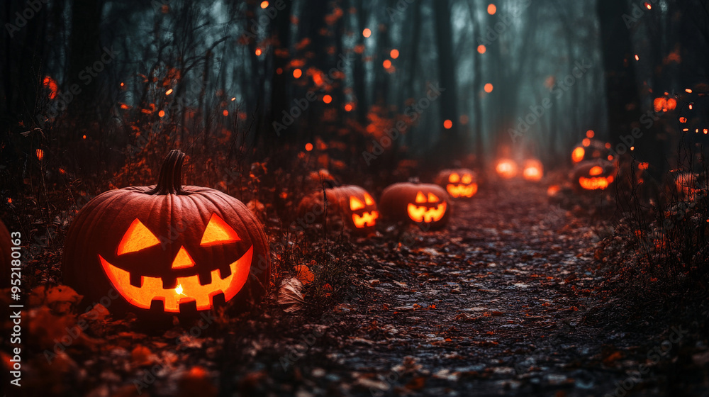 Halloween forest path lit by glowing jack-o'-lanterns
Halloween forest path lit by glowing jack-o'-lanterns