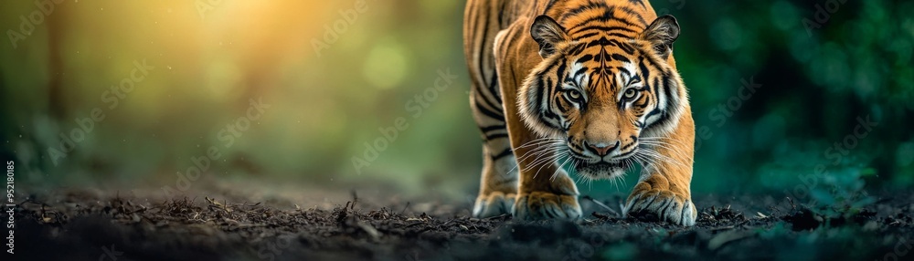 A majestic tiger prowls through a lush forest, showcasing its vibrant orange fur and powerful stance in a serene environment. A majestic tiger prowls through a lush forest, showcasing its vibrant orange fur and powerful stance in a serene environment.
