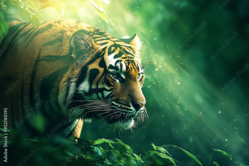 A majestic tiger prowls through a lush green jungle, showcasing its striking features and powerful presence in natural light. A majestic tiger prowls through a lush green jungle, showcasing its striking features and powerful presence in natural light.