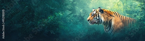 A majestic tiger prowls through a lush jungle, embodying strength and grace in its natural habitat. photo