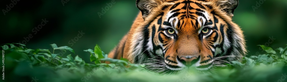 A majestic tiger prowls through lush greenery, showcasing its striking fur and intense gaze, embodying the wild spirit of nature. A majestic tiger prowls through lush greenery, showcasing its striking fur and intense gaze, embodying the wild spirit of nature.