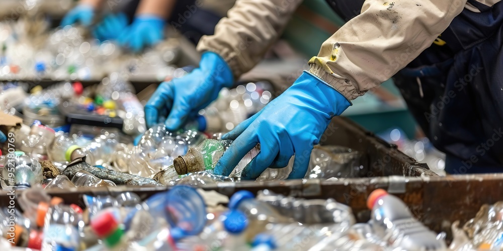 Close-up view of gloved hands meticulously sorting waste for recycling.sustainability, green, eco-friendly, protect, save, International Cleanup Day Close-up view of gloved hands meticulously sorting waste for recycling.sustainability, green, eco-friendly, protect, save, International Cleanup Day