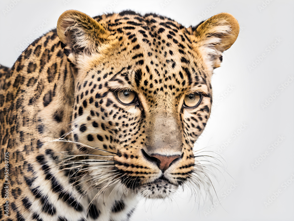 Leopard portrait on white background, closeup of head and neck Leopard portrait on white background, closeup of head and neck