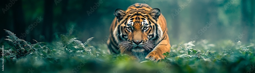 Fototapeta premium A majestic tiger prowls through the lush forest, showcasing its vibrant orange coat and fierce gaze. Nature's beauty at its finest.