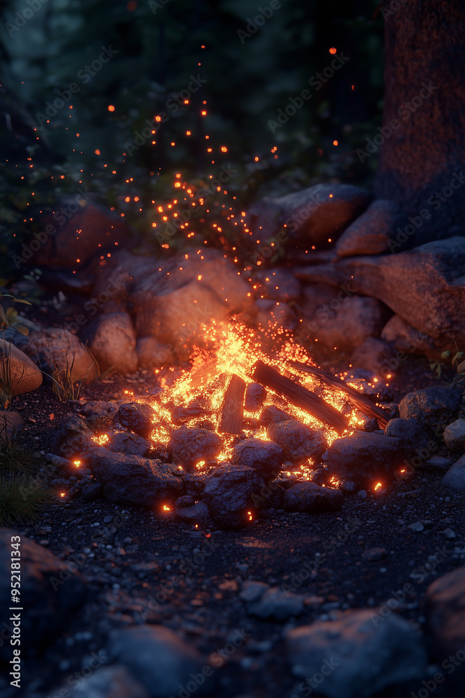 Glowing Embers of a Dying Campfire in a Forest at Dusk Glowing Embers of a Dying Campfire in a Forest at Dusk