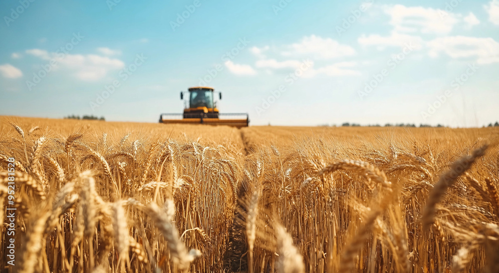 Fototapeta premium harvest wheat. combine harvester working on ripe wheat field, moisson, Ripe ears of gold field on the sunset, Agriculture, wheat crop
