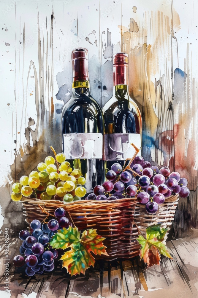 Obraz premium Fresh grape, grape wine bottle and glass. Painting drawing