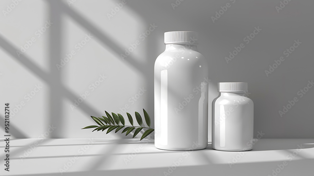 Two white bottles of different sizes stand on a table with a single green leaf. The bottles are set against a white background with natural light coming through a window. Two white bottles of different sizes stand on a table with a single green leaf. The bottles are set against a white background with natural light coming through a window.