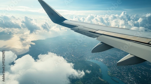 Airplane Wing Over Clouds And Cityscape photo