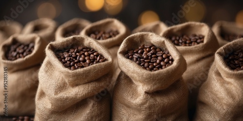 Close-up of coffee beans in burlap sacks. photo