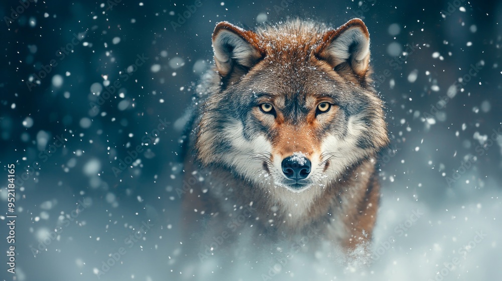 A majestic wolf gazes through falling snow in a serene winter landscape, embodying strength and beauty of nature. A majestic wolf gazes through falling snow in a serene winter landscape, embodying strength and beauty of nature.