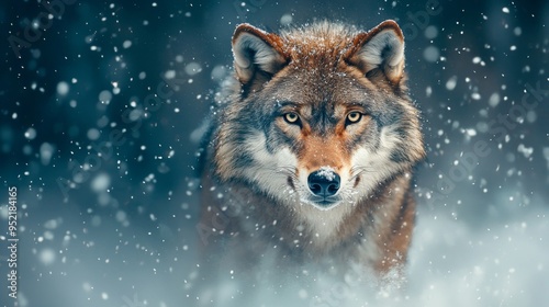 A majestic wolf gazes through falling snow in a serene winter landscape, embodying strength and beauty of nature.