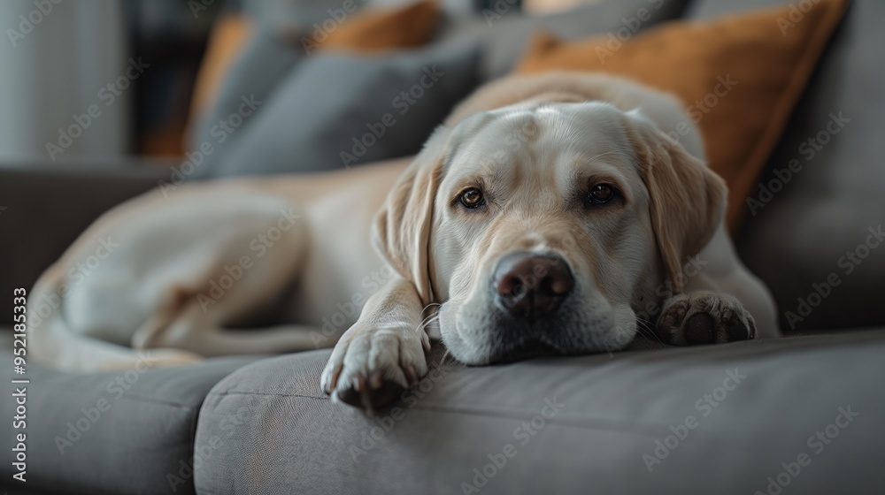 A labrador enjoys a lazy afternoon on a cozy couch with decorative pillows A labrador enjoys a lazy afternoon on a cozy couch with decorative pillows