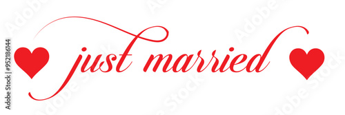 Just Married hand lettering phrase. Vector brush calligraphy text design isolated on white background.