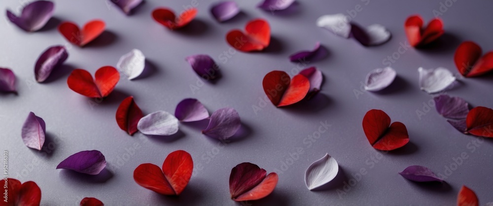 On a violet background there is a large bright heart inside of which there are red petals. On a violet background there is a large bright heart inside of which there are red petals.