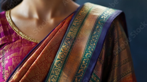 The elegance of an Indian sari is captured in detail, with its rich colors and patterns emphasizing cultural tradition.