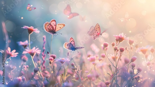 Beautiful pink flowers blooming in a vibrant spring garden, with butterflies fluttering among the colorful petals