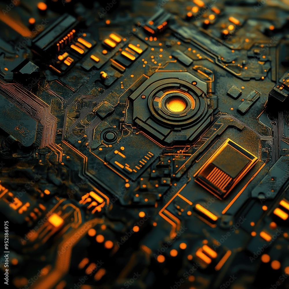 Fototapeta premium Abstract close-up of a circuit board with glowing components, highlighting technology and innovation in modern electronics.