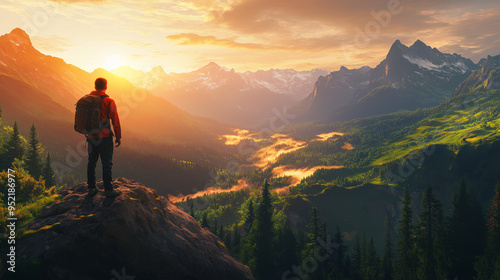 Adventurous Hiker Admires Misty Mountain Sunset: A Journey to Serenity