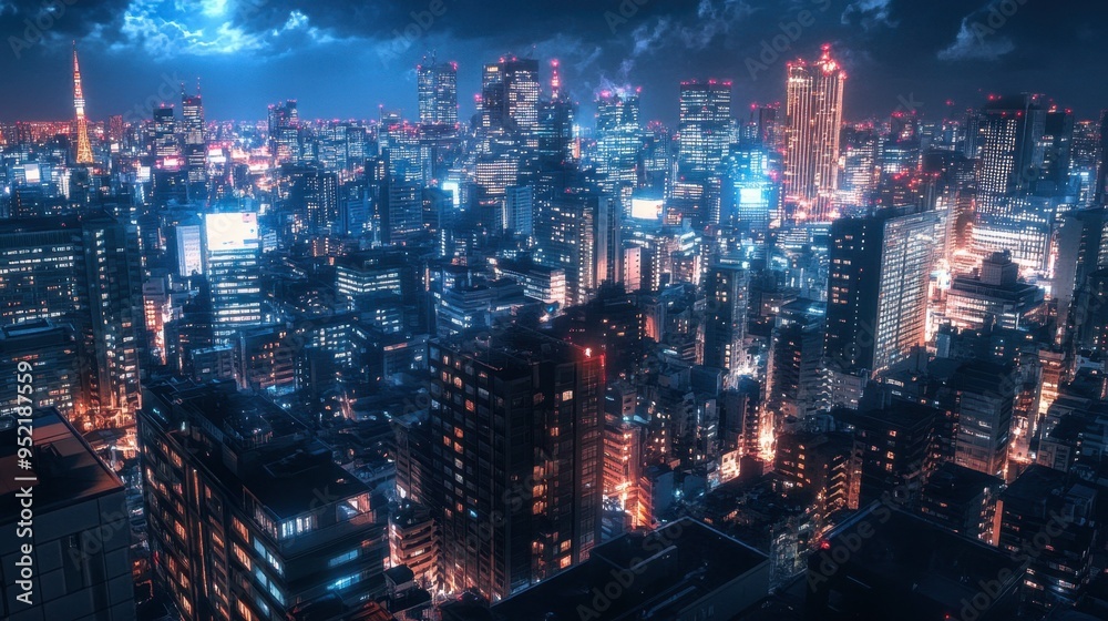 City skyline view from a rooftop at night, featuring skyscrapers and bright city lights. - City skyline view from a rooftop at night, featuring skyscrapers and bright city lights. -