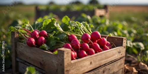 Fresh Radishes in a Wooden Crate in a Field. photo