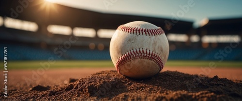 Close-up of a baseball resting on the pitcher's mound with the stadium in the background. photo