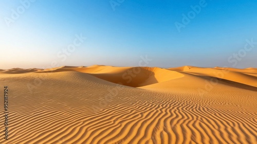 Desert landscape view with rolling sand dunes and a clear blue sky, emphasizing the vastness. 