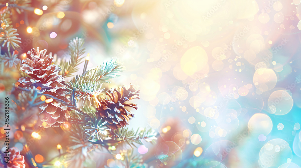 Festive holiday background with christmas tree branch adorned with pine cones and sparkling lights
