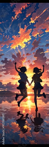 Anime-style illustration of friends jumping together with a beautiful sky background. Perfect for wallpaper or Friendship Day background concept