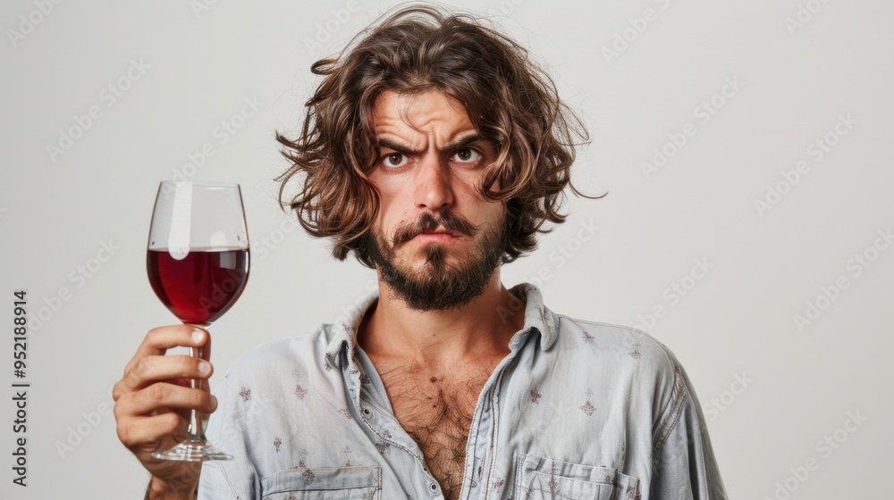 A drunken exhuasted messy female holding a glass of red wine