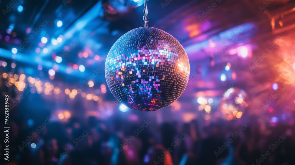 Obraz premium Glitter ball hanging from the ceiling at a dance club with colorful lights and a crowd below. 