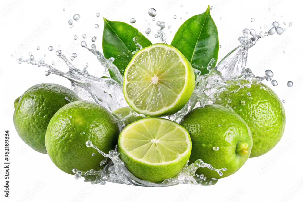 Fresh falling lime splashing with leaves, isolated on a white background 