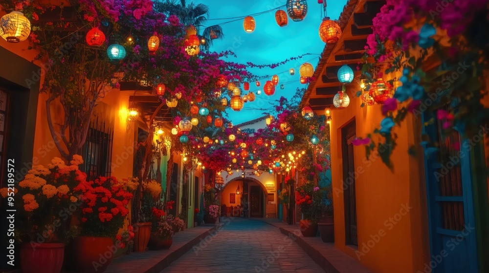 Fototapeta premium A vibrant street adorned with colorful lanterns and flowers, creating an enchanting atmosphere for a New Year celebration in a charming Mexican town. The festive decorations capture the lively spirit 