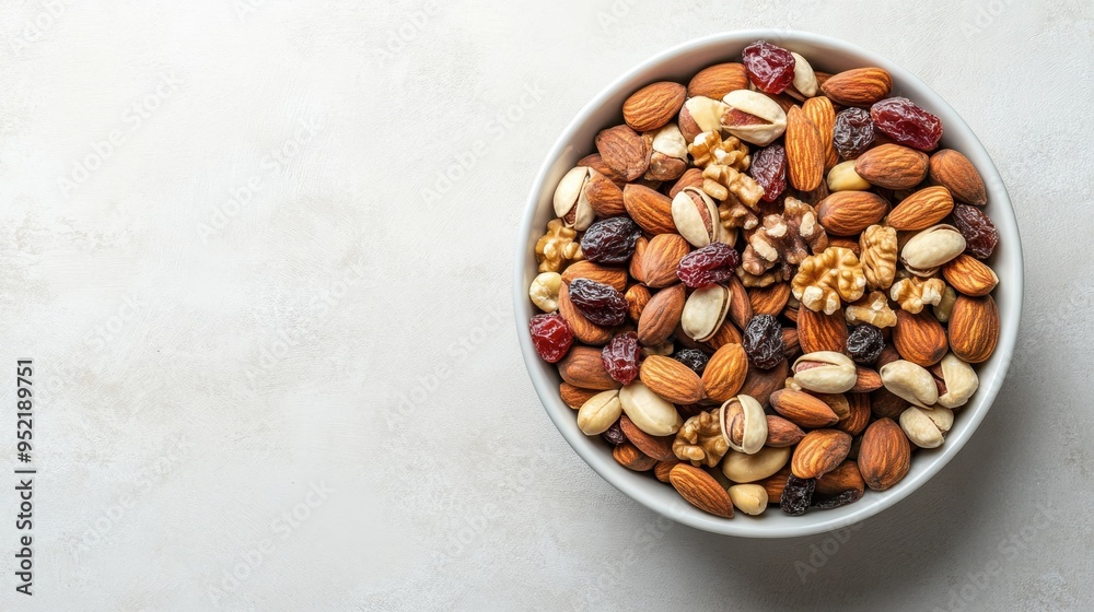 Overhead shot of a bowl of mixed nuts and dried fruits on a light background. Copy space. 