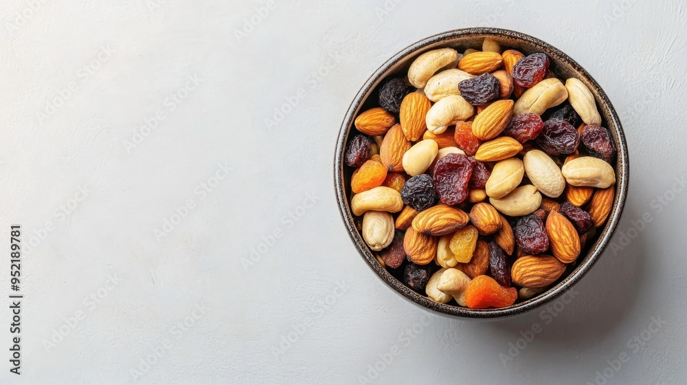 Overhead shot of a bowl of mixed nuts and dried fruits on a light background. Copy space. Overhead shot of a bowl of mixed nuts and dried fruits on a light background. Copy space.