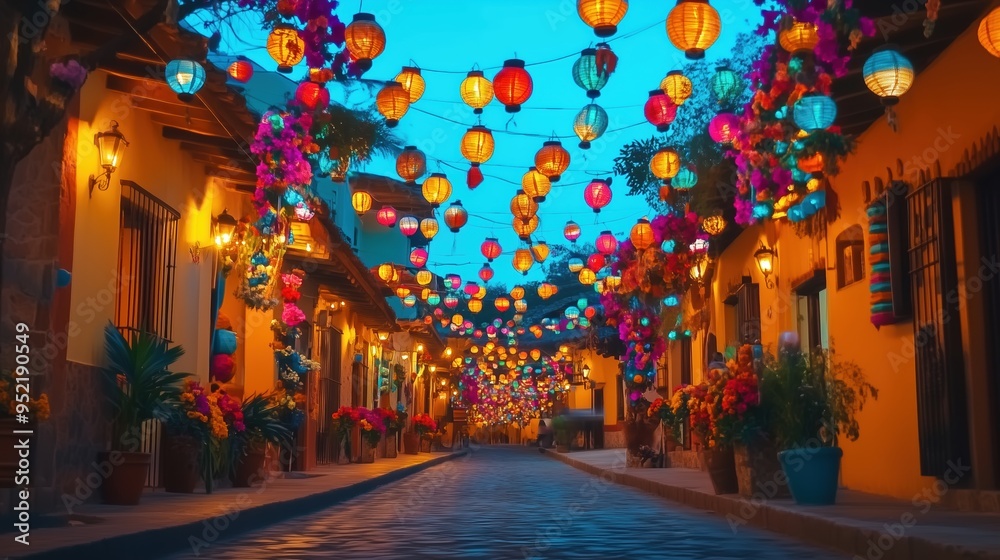 Fototapeta premium A vibrant street adorned with colorful lanterns and flowers, creating an enchanting atmosphere for a New Year celebration in a charming Mexican town. The festive decorations capture the lively spirit 