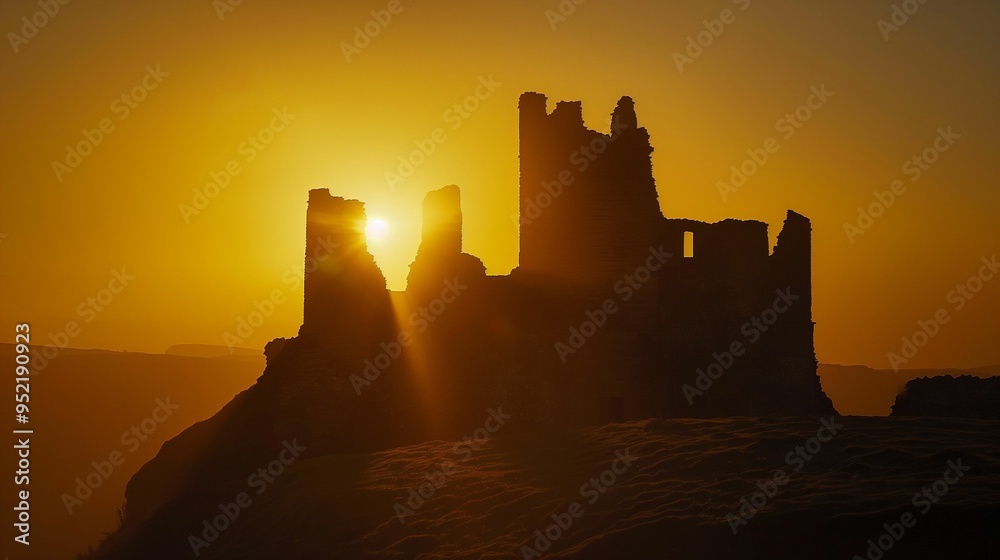 Fototapeta premium Image of a ruined castle silhouetted against the stunning backlight of the setting sun.