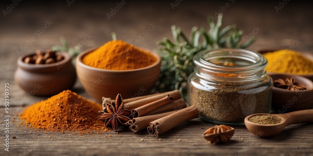 Rustic spices and herbs on a wooden table. Rustic spices and herbs on a wooden table.