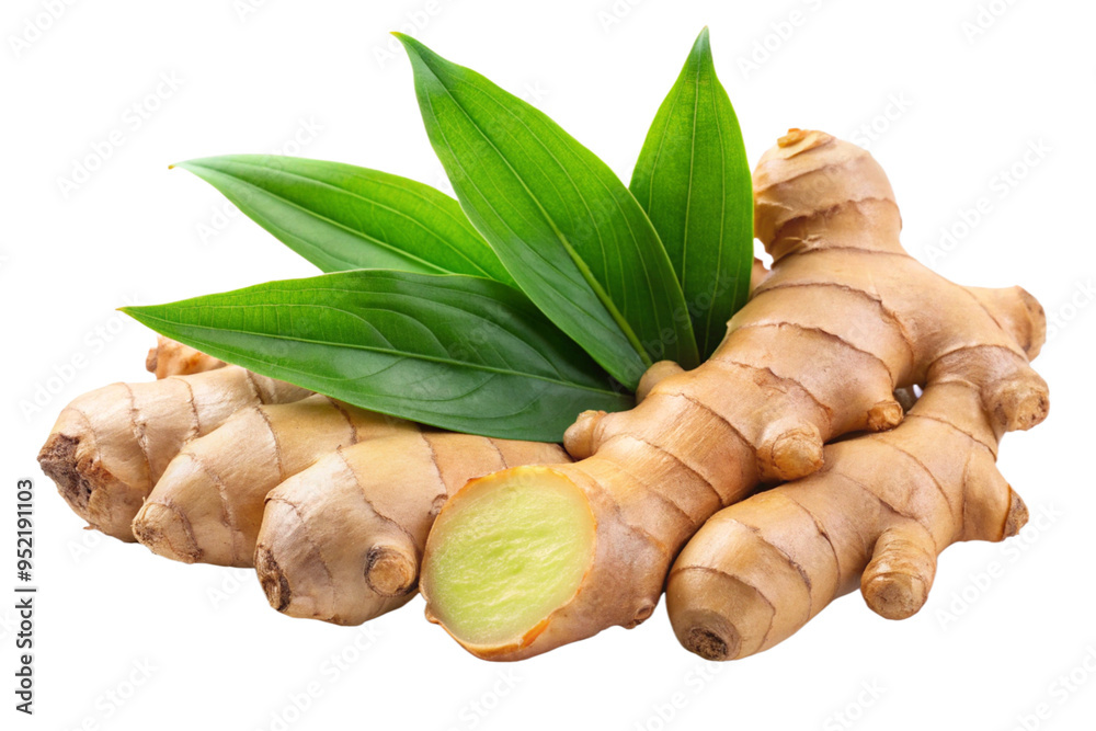 Fresh ginger root with green leaves isolated on a white background Fresh ginger root with green leaves isolated on a white background