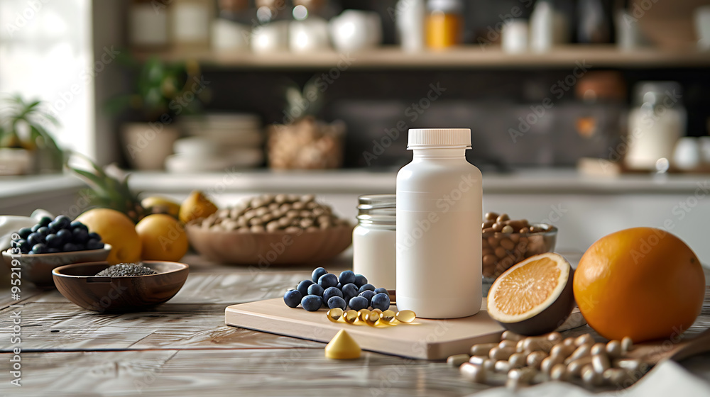 A white bottle of supplements sits on a wooden table with a variety of fresh fruits and seeds, representing a healthy and balanced lifestyle. A white bottle of supplements sits on a wooden table with a variety of fresh fruits and seeds, representing a healthy and balanced lifestyle.