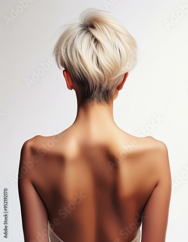 a blonde woman with short hair, nude shoulders and bare back on white background, back view	 photo