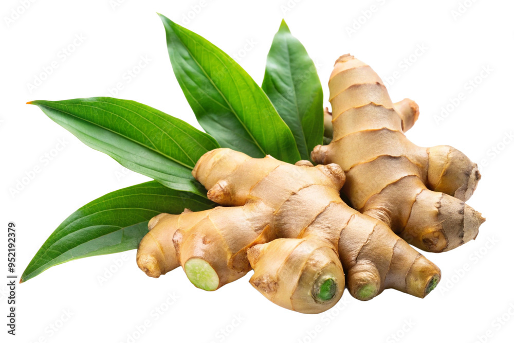 Fresh ginger root with green leaves isolated on a white background Fresh ginger root with green leaves isolated on a white background
