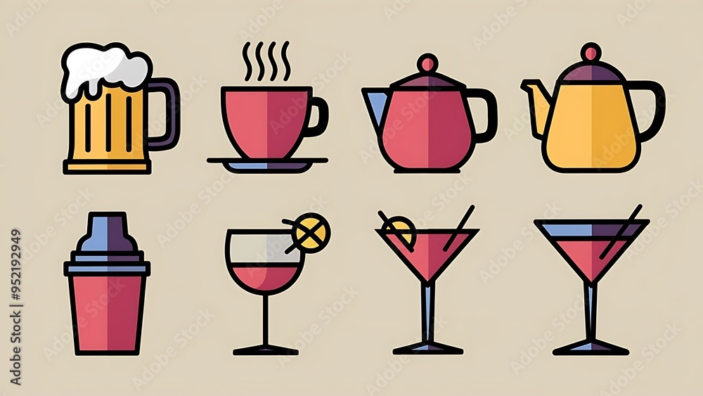 Fototapeta premium Beer, coffee and tea icons. Beer, wine and cocktail signs. Soft and alcohol drinks symbols. Classic simple flat icons. Vector