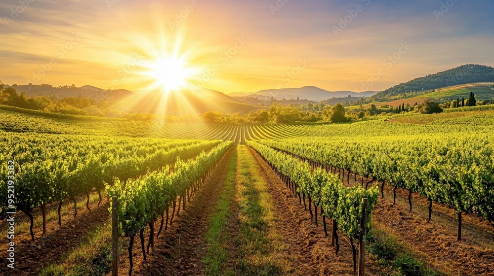 Fototapeta premium View of a vineyard with rows of grapevines, hills in the distance, and a bright sun. 