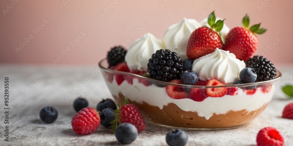 Colorful dessert with whipped cream and berries. Colorful dessert with whipped cream and berries.