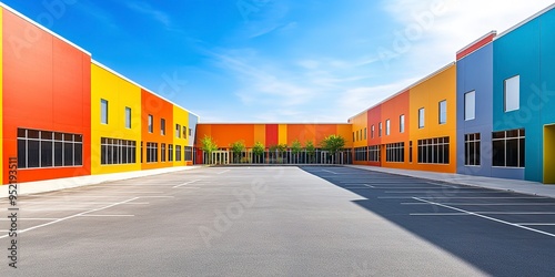 An empty school yard and parking lot surrounded by bright building walls under a blue sky.