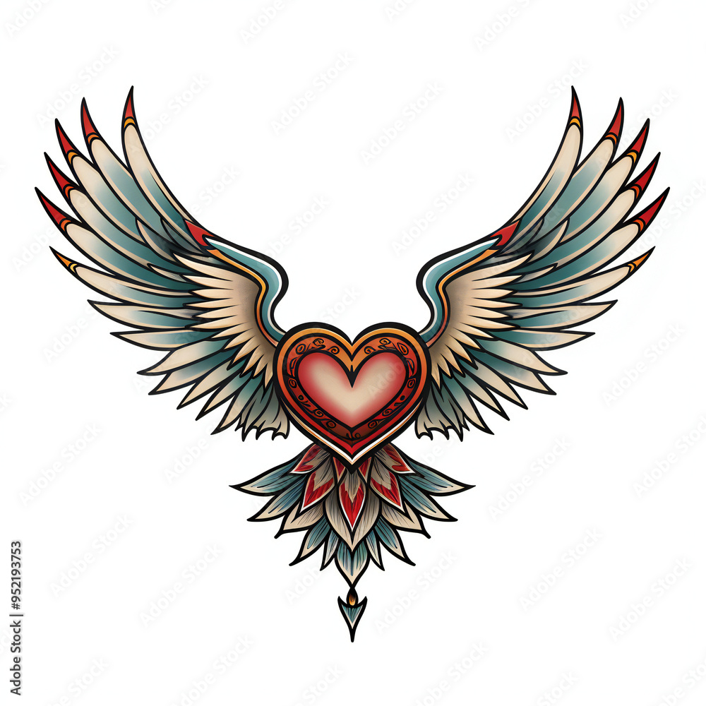 Fototapeta premium Heart and wings head very simple traditional tattoo flash styles illustration
