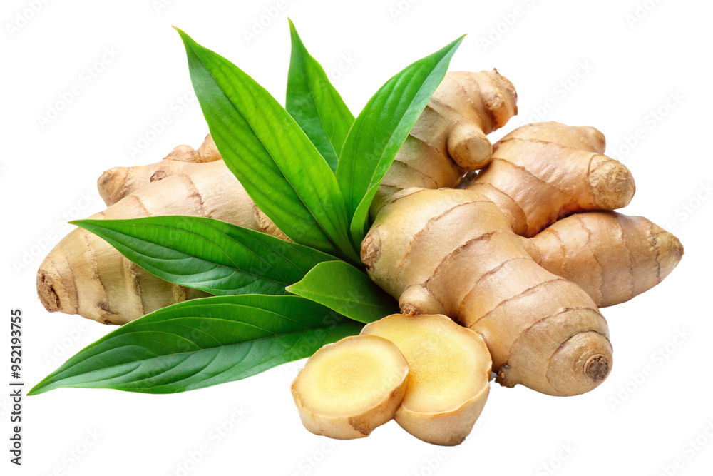 Fresh ginger root with green leaves isolated on a white background Fresh ginger root with green leaves isolated on a white background